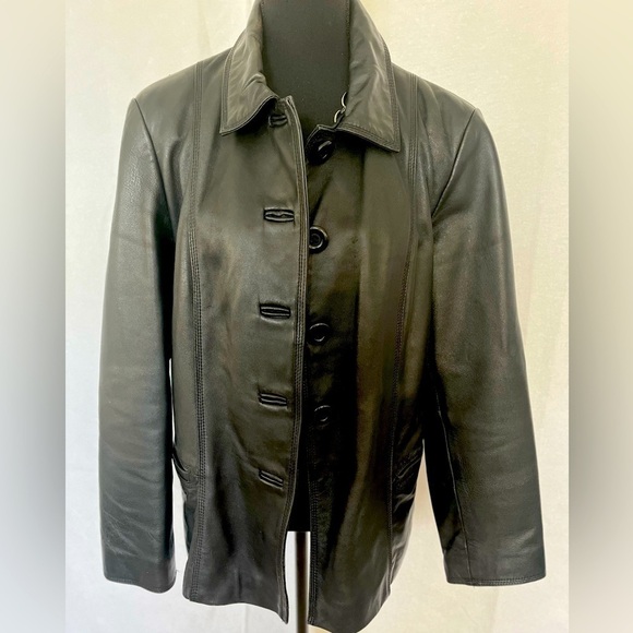 Jaclyn Smith vintage black leather jacket with front pockets. Size L - Picture 2 of 6